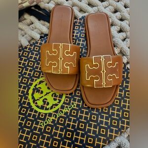 Tory Burch Tan Slides with Gold Detailing